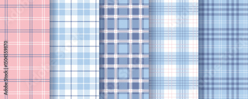 Checkered plaid background. Tartan seamless pattern. Flannel prints. Blue pink textures. Lumberjack tablecloth. Set gingham fabrics. Vichy shirt textile. Buffalo check cloth. Vector illustration