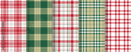 Tartan seamless pattern. Christmas plaid background. Flannel red green prints. Check table cloth texture. Lumberjack tablecloth. Set gingham fabrics. Vichy checkered shirt textile. Vector illustration