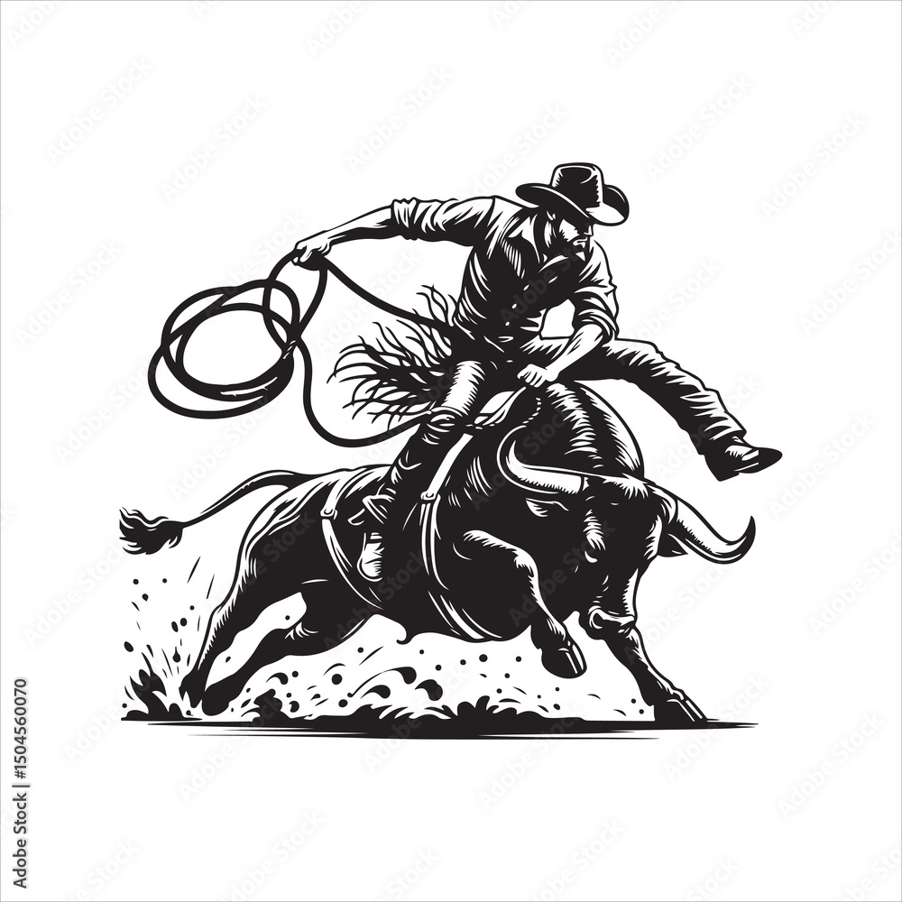 Naklejka premium Bull Rodeo Showdown – Cowboy Riding a Bucking Bull in Action
