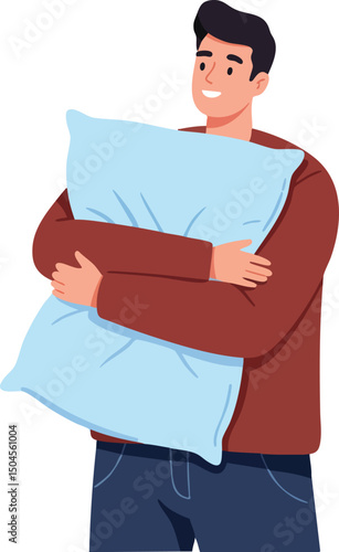 Young man embracing blue pillow in casual clothing smiling with happiness and comfort indoors vector illustration 
