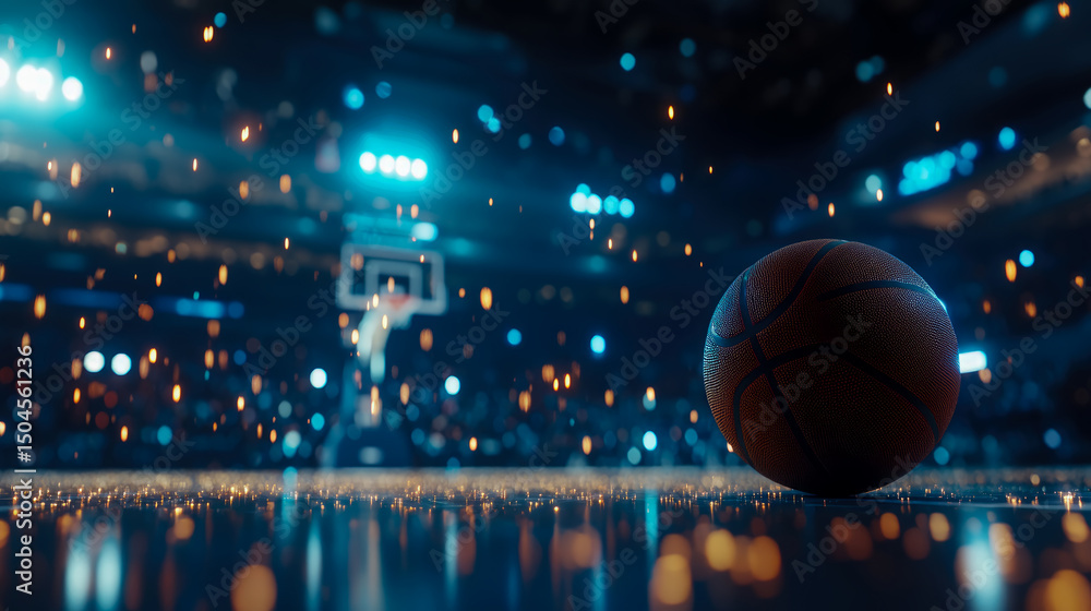 Obraz premium Dramatic closeup of a basketball on a glowing court during a game, arena lights sparkle and shine