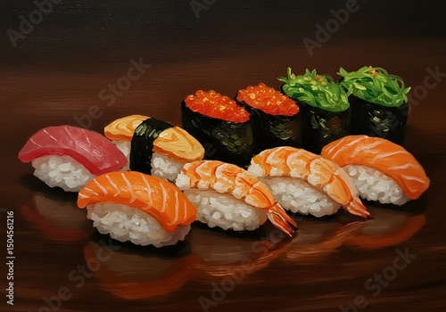sushi on a table, oil painting style 