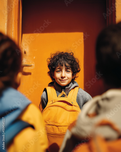 child with new backpack standing at school gate, warmly welcomed by other kids