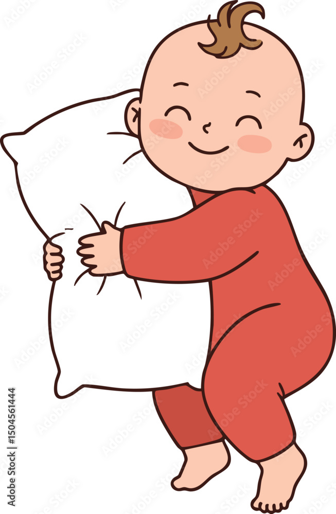 Baby hugging white pillow in red pajamas smiling happily vector illustration Baby hugging white pillow in red pajamas smiling happily vector illustration
