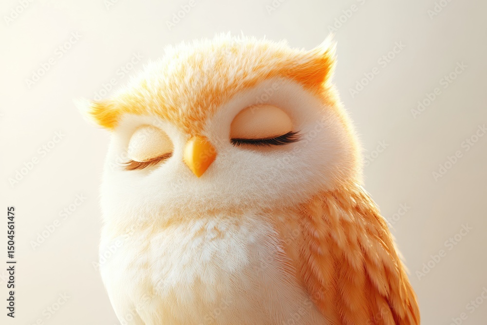 Obraz premium A serene and charming owl with closed eyes, showcasing soft orange and white feathers in gentle, diffused lighting.