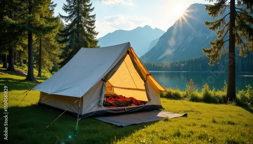Spacious canvas tent pitched on idyllic Canadian campsite, sun, shadow