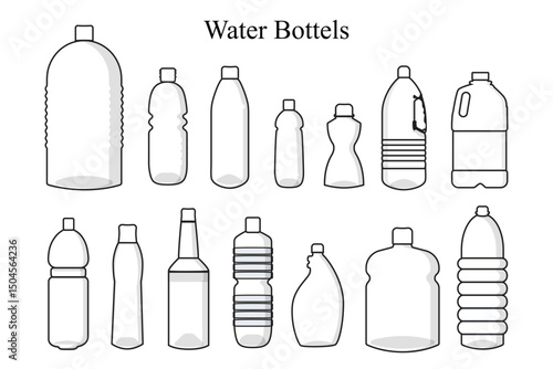 A clean and minimalist black line art vector illustration featuring a variety of water bottles in different shapes and styles — including reusable bottles, plastic bottles, sports bottles, and glass.