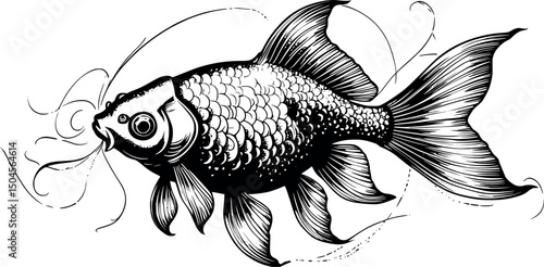 Engraved goldfish with ornamental fins isolated on white