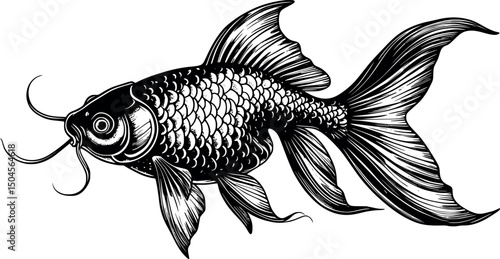 Engraved goldfish with ornamental fins isolated on white