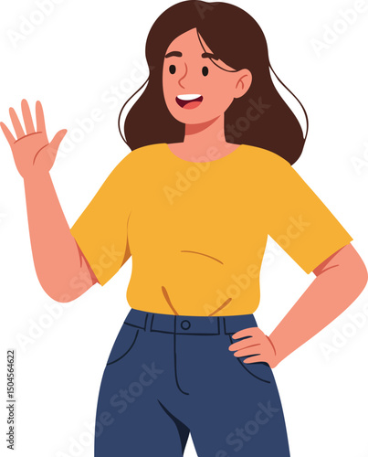 Young woman waving hand friendly gesture casual clothing vector illustration 