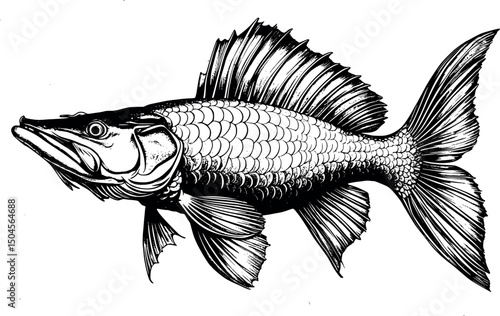 Sturgeon fish in traditional engraving style detailed illustration on white