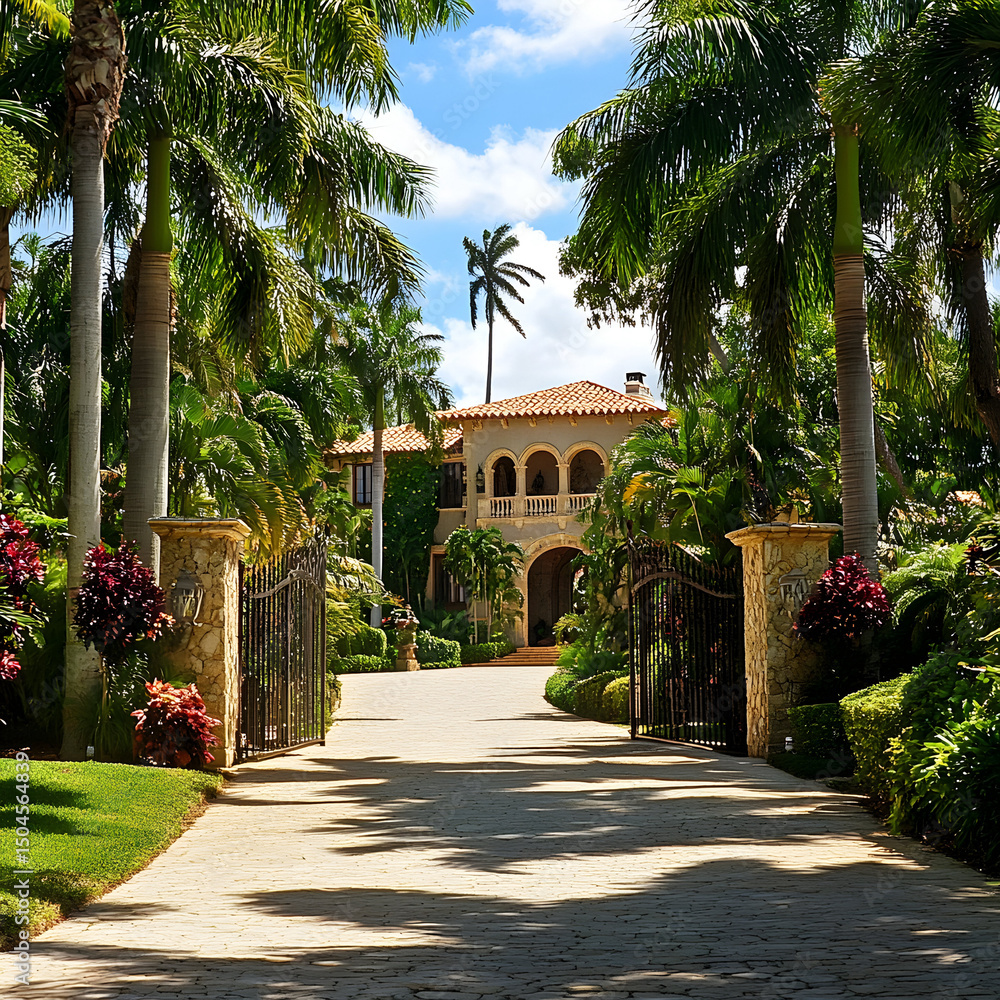 Fototapeta premium palm trees surrounding a luxury villa house 