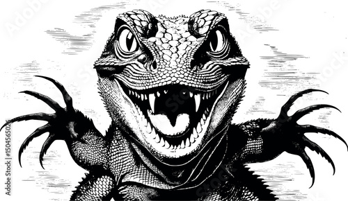 Vector engraving of mad lizard attacking isolated on white
