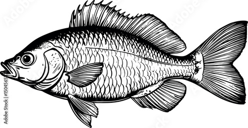 Tilapia fish engraving in antique line style white background