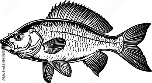 Tilapia fish engraving in antique line style white background