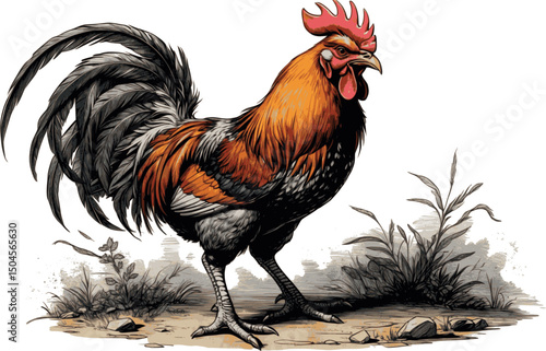 Vector of enraged rooster in engraving style isolated