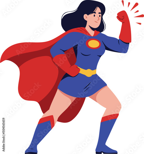Female superhero character in dynamic pose with red cape and blue costume showing strength and confidence vector illustration 