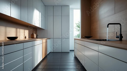 Wallpaper Mural Simple and minimalist kitchen design showcasing a dark tiled floor, white cabinets and drawers, and a wall. Torontodigital.ca