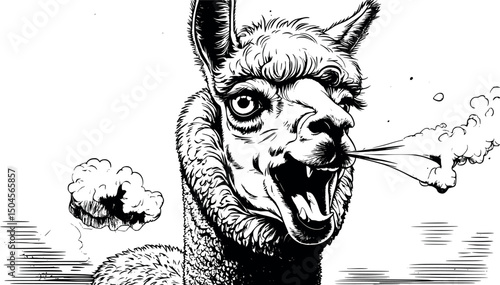 Mad alpaca illustration in engraving vector style