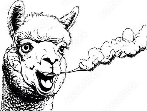Mad alpaca illustration in engraving vector style