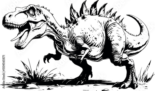 Angry prehistoric creature in engraved vector style