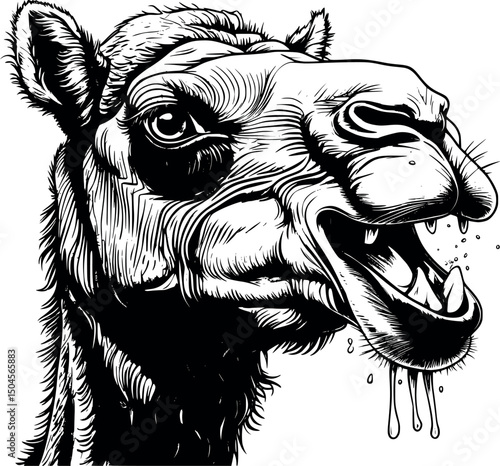 Engraved vector of a furious wild camel isolated on white