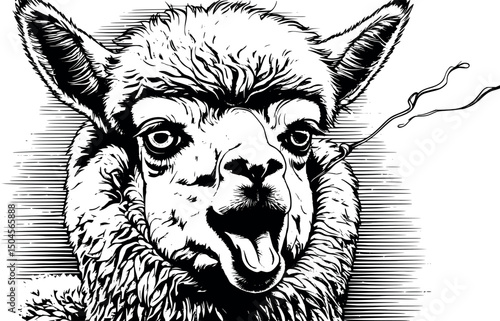 Mad alpaca illustration in engraving vector style