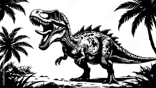 Angry prehistoric creature in engraved vector style