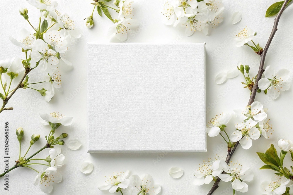 Blank Canvas with White Flowers Mockup on white background Blank Canvas with White Flowers Mockup on white background