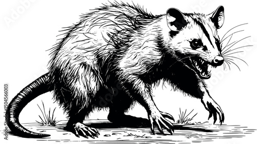 Vector illustration of angry rabid opossum vintage engraving