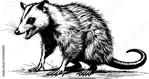 Vector illustration of angry rabid opossum vintage engraving