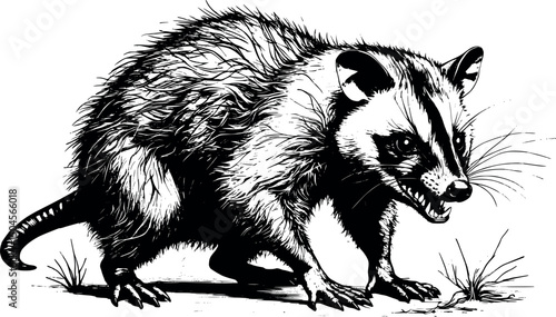 Vector illustration of angry rabid opossum vintage engraving