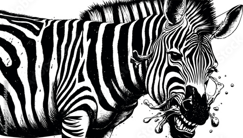 Crazy zebra illustration in engraved vector style isolated