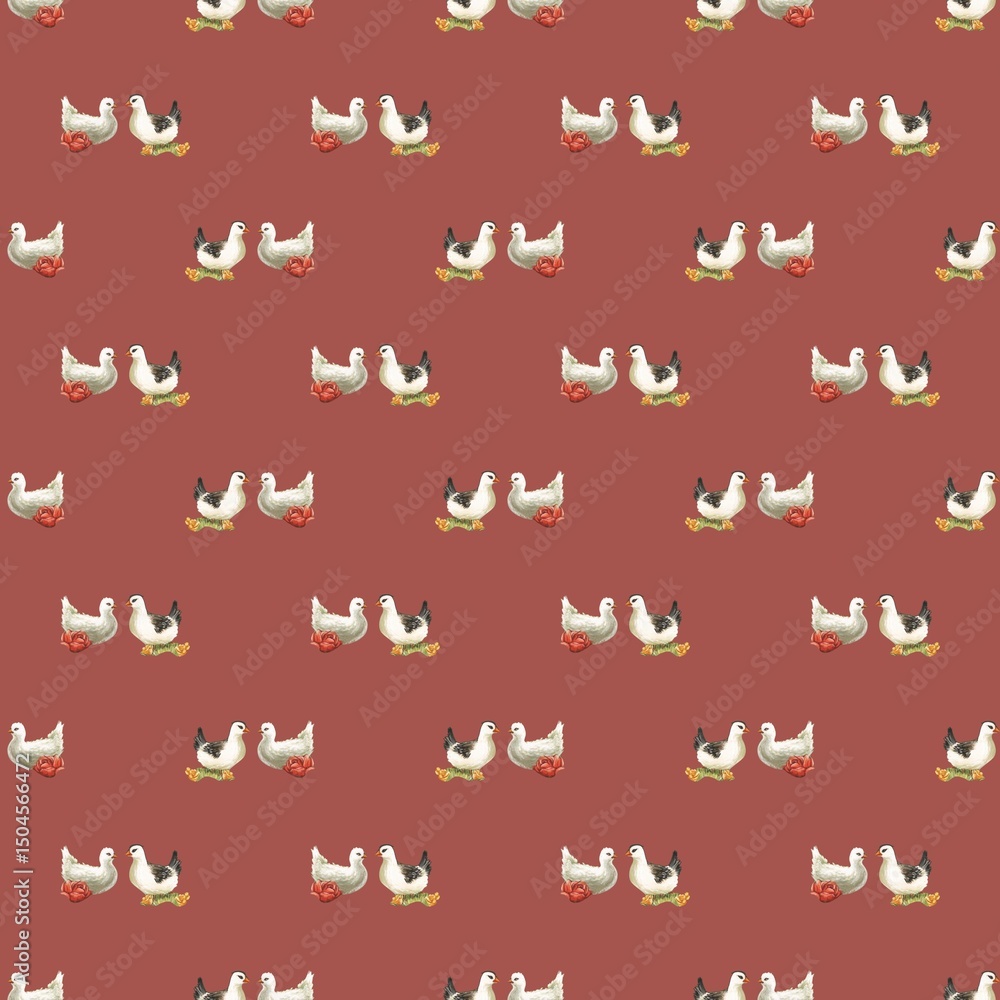 Fototapeta premium cute seamless pattern with two chicken couple on a warm brown background, 5000x5000 pxl, spring summer inspo, wallpaper, textile, fabric idea, digital art