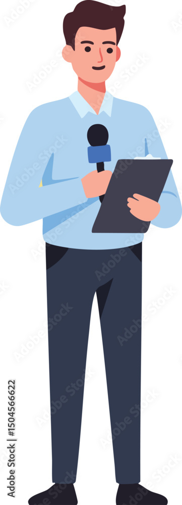 Male reporter holding microphone and clipboard presenting news in blue shirt and dark trousers vector illustration Male reporter holding microphone and clipboard presenting news in blue shirt and dark trousers vector illustration