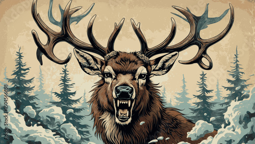 Enraged deer with wild antlers vector engraving on white