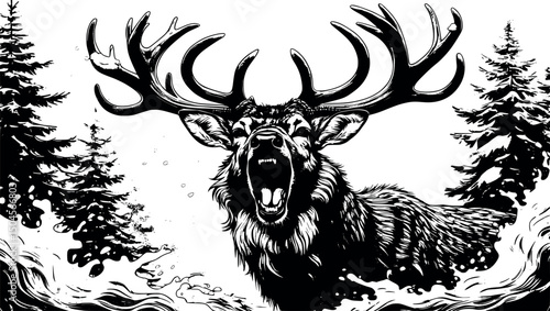 Enraged deer with wild antlers vector engraving on white
