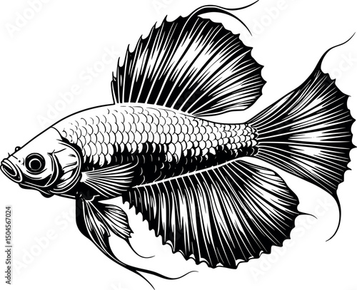 Betta fish illustration in vintage engraving line art on white