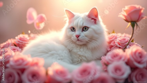 Cat surrounded by pink roses in a vibrant floral arrangement