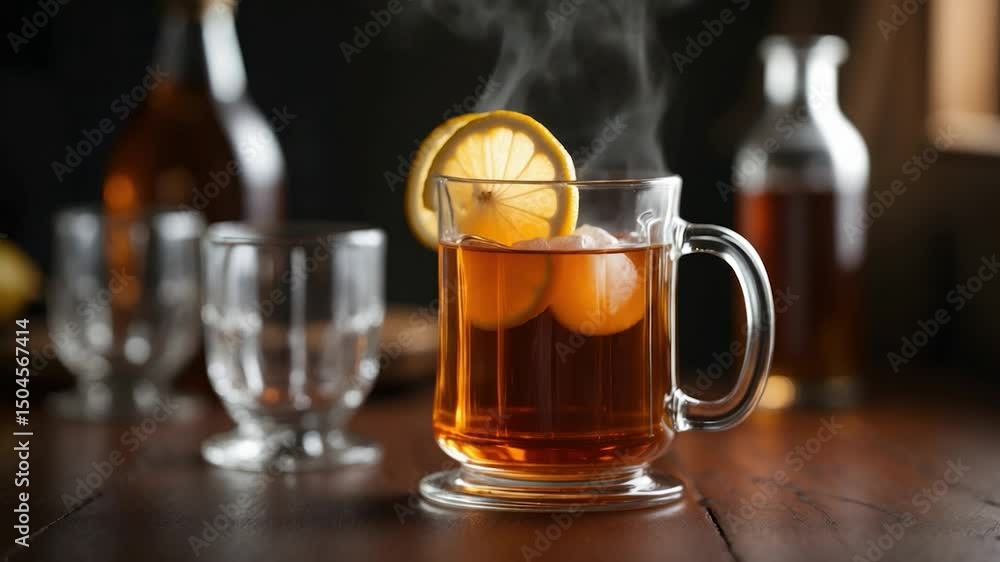 Steaming cup of spiced tea garnished with lemon slices, placed on a rustic wooden table with two clear glasses and bottles in the background, creating a warm and inviting atmosphere. Steaming cup of spiced tea garnished with lemon slices, placed on a rustic wooden table with two clear glasses and bottles in the background, creating a warm and inviting atmosphere.