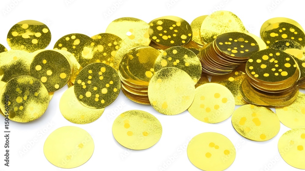 Fototapeta premium Golden Glitter Confetti Circles Scattered on White Background