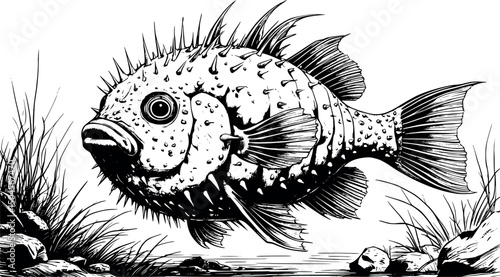 Pufferfish in detailed vintage engraving isolated on white