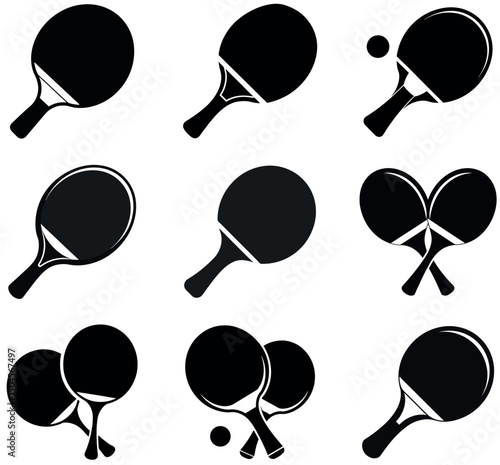 Table Tennis Paddles and Ball Icons Set - Black Silhouette Vector Illustrations