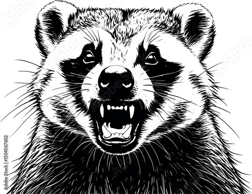 Vector engraving of a furious badger baring teeth isolated on white