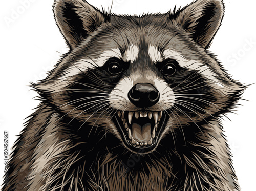 Vector graphic of a wild aggressive raccoon in engraving style