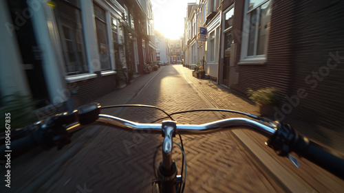 Fototapeta Naklejka Na Ścianę i Meble -  POV riding a bicycle through narrow Dutch streets