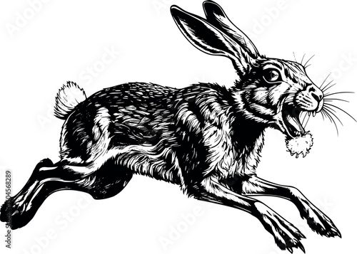 Rabid hare in vector engraving style isolated on white