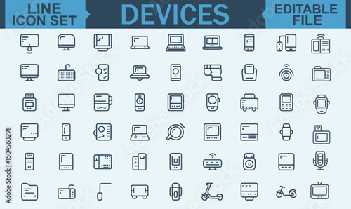 Line Style Web Icon Set of Electronic Devices and Gadgets Featuring Smart Technology, Computer Monitor, Smartphone, Tablet, Laptop, and Drone for Web and Mobile App Design
