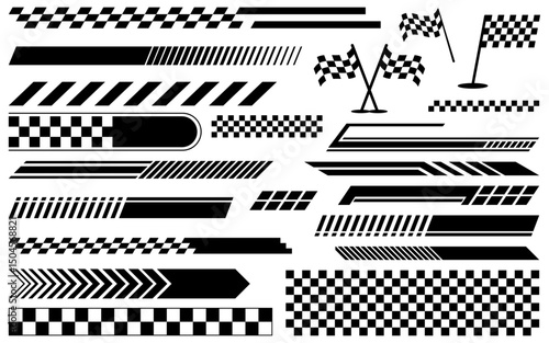 Racing stripe set checkered flag speed competition car decal pattern sticker collection finish line motorsport checkerboard chequered black and white silhouette graphic designs
