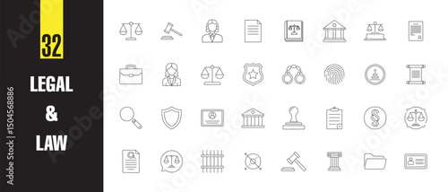 Legal & Law Line Art Icon Set – Minimal Vector Outline Icons for Lawyer, Justice, Court, Contract, and Legal Service
